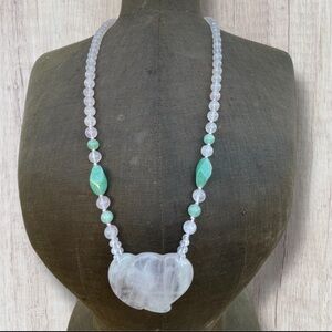 VTG Soft Rose Quartz Double Love Hearts Aventurine Hand Knotted Beaded Necklace